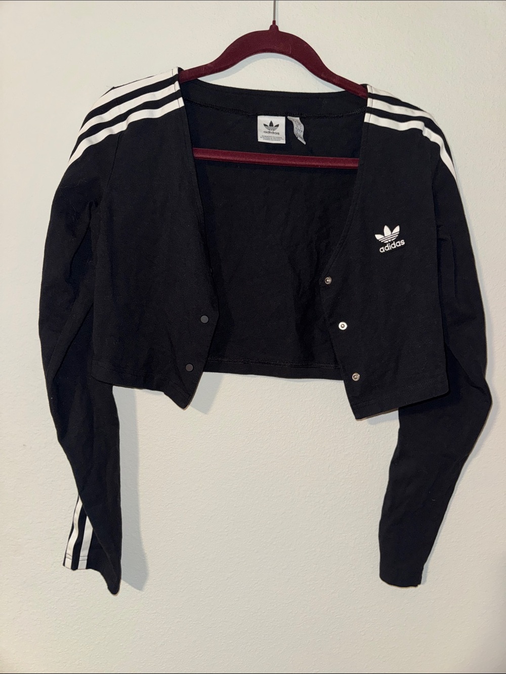 adidas Black Cropped Snap Jacket with White 3-Stripes